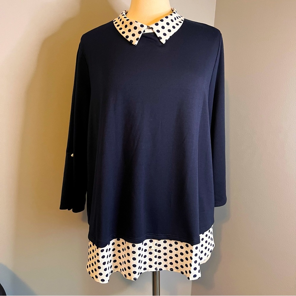Faith and Joy by Monteau Size 2X Navy Roll Tab Polka Dot Blouse Top